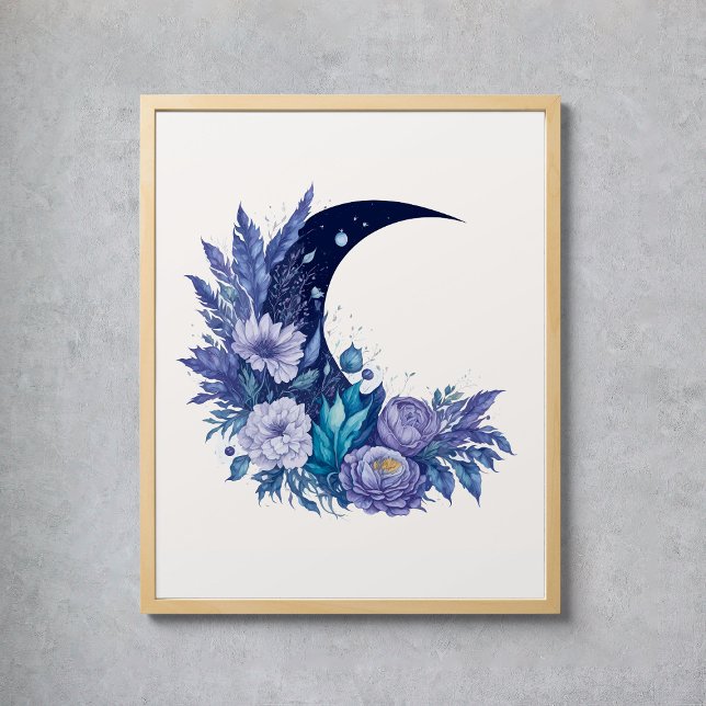 Lila av vattenfärgen Måne Mystical Celestial Blomm Poster (Watercolor Moon Mystical Celestial Floral Purple Poster
)