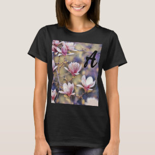 Lila av vattenfärgen Monogram Rosa magnolia gren T Shirt