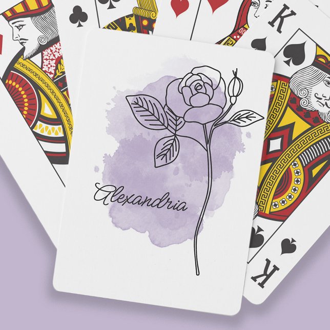 Lila av vattenfärgen Ro  Namn Casinokort (Line art drawing flower on purple watercolor. Personalized with your name or any other text. )