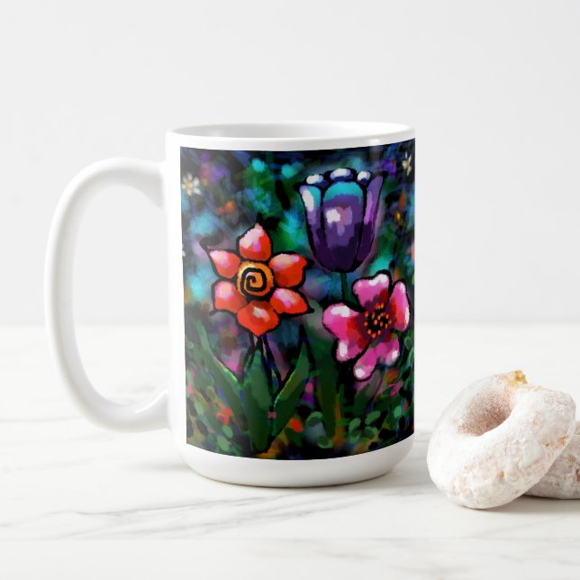 Lila av vitlök i Blommigt, blått Rosa Blommor Kaffemugg (Med munk)