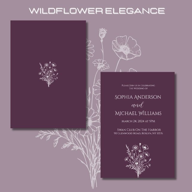 Lila av Wildblommelegance Bröllop Theme- Inbjudningar (Wildflower Elegance Wedding Invitations Purple-Rustic, Bohemian, Country)