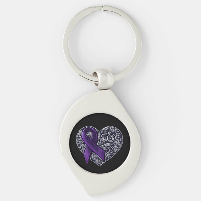 Lila Awareness Ribbon Metall Keychain Swirl Silverfärgad Nyckelring (Framsidan)
