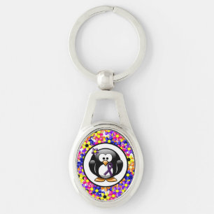 Lila Awareness Ribbon Penguin Ovalt Silverfärgad Nyckelring