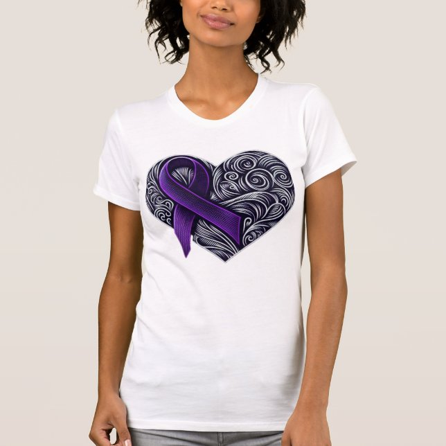 Lila Awareness Ribbon with Heart on back on back T Shirt (Framsida)
