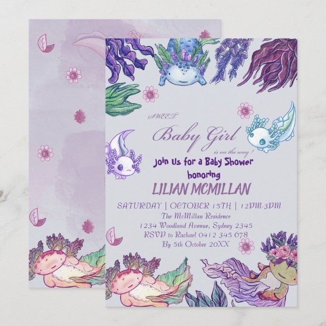 LILA AXOLOTL Baby Shower-inbjudan Flicka Inbjudningar (Fram/baksida)