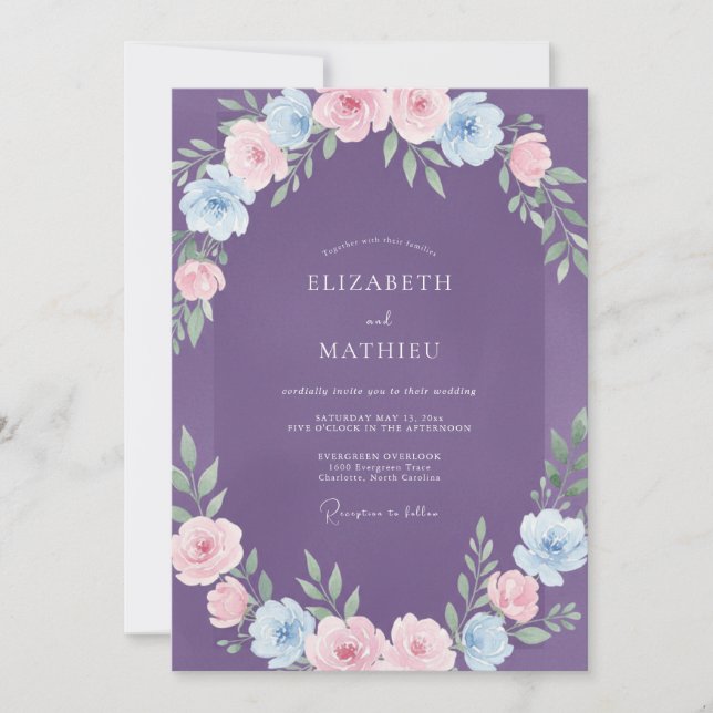 Lila Azure Ranunculus Eucalyptus Bröllop Inbjudningar (Framsida)