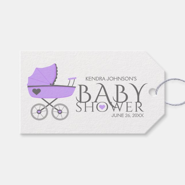 Lila Baby Carriage Girls Baby Shower Presentetikett (Framsidan (Horisontell))
