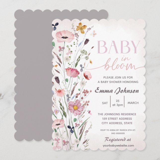 Lila Baby i Bloom WildblomBaby Shower Inbjudningar (Fram/baksida)