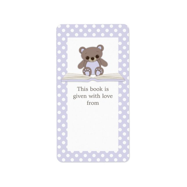 Lila Baby Nalle & Bok Gift Bookplate-etikett Adressetikett (Framsidan)