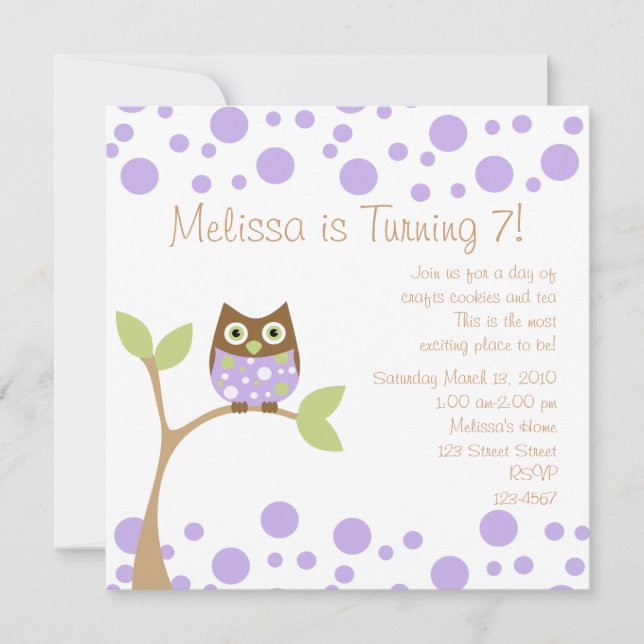 Lila Baby Uggla Inbjudningar (Framsida)