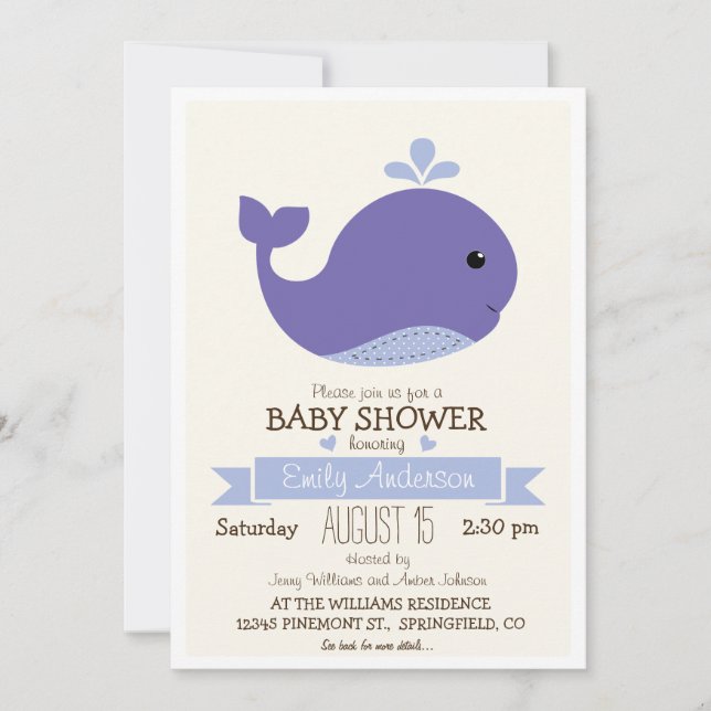 Lila Baby Whale Baby Shower Inbjudningar (Framsida)