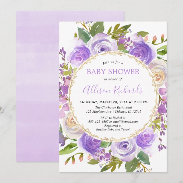 Lila, babydusch, blommigt lavender lilac inbjudningar (Fram/baksida)