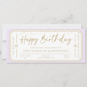 Lila Babysit Gift Voucher Card Inbjudningar