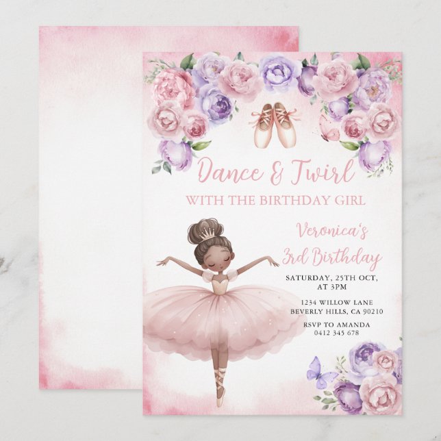 Lila Ballerina 3-årsdag Inbjudningar (Fram/baksida)