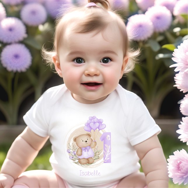 Lila-ballonger för Nalle av dagsljus första födels T Shirt (1st Birthday Cute Purple Teddy Bear bodysuit)