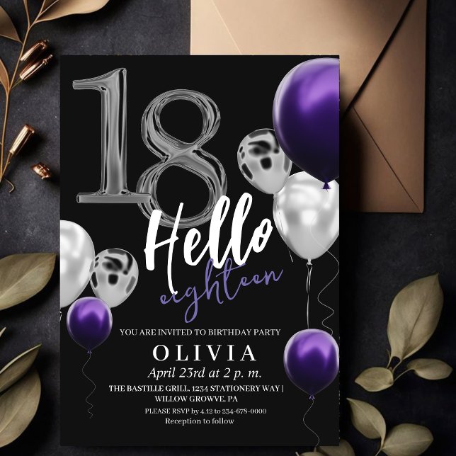 Lila-ballonger för svart Silver, 18:e födelsedag Inbjudningar (Skapare uppladdad)