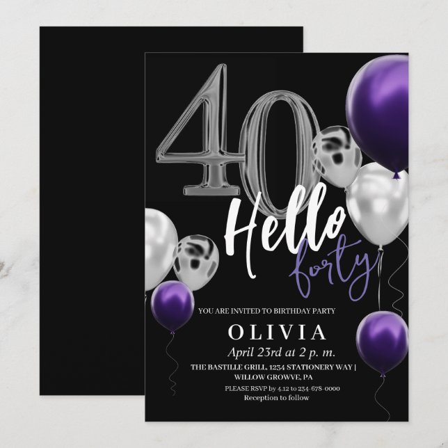 Lila-ballonger för svart Silver, 40:e födelsedagen Inbjudningar (Fram/baksida)