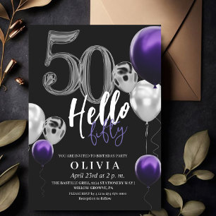 Lila-ballonger för svart Silver, 50:e födelsedag Inbjudningar