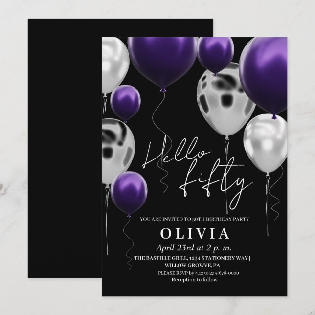 Lila-ballonger för svart Silver, 50:e födelsedag Inbjudningar (Fram/baksida)
