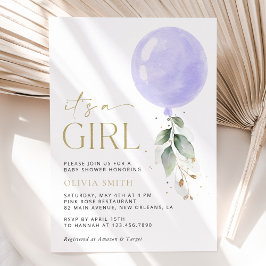 Lila Balloon, eukalyptus, Greenery, Baby Shower Inbjudningar