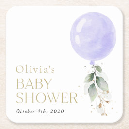 Lila Balloon, eukalyptus, Greenery, Baby Shower Underlägg Papper Kvadrat