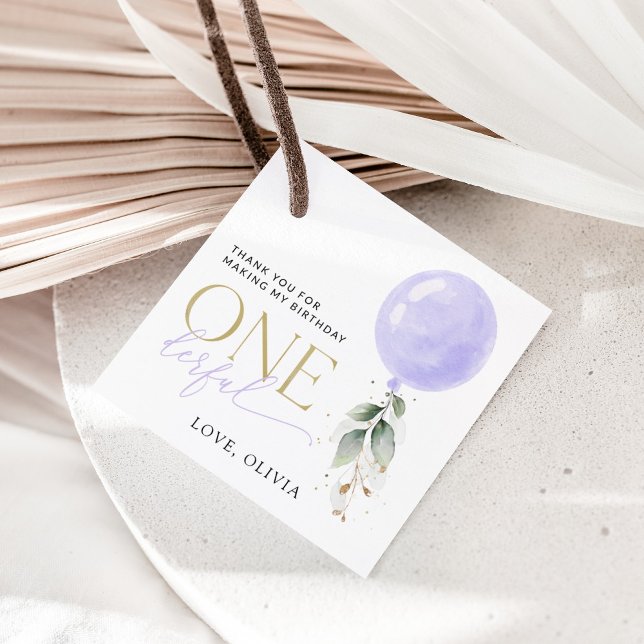 Lila Balloon, Greenery, Foliage, första födelsedag Gåvor Etiketter (Skapare uppladdad)