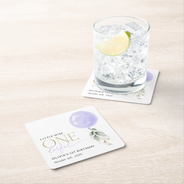 Lila Balloon, Greenery, Foliage, första födelsedag Underlägg Papper Kvadrat (Insitu)