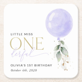 Lila Balloon, Greenery, Foliage, första födelsedag Underlägg Papper Kvadrat