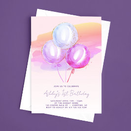 Lila Balloons Girls 1:a födelsedagsinbjudan Inbjudningar