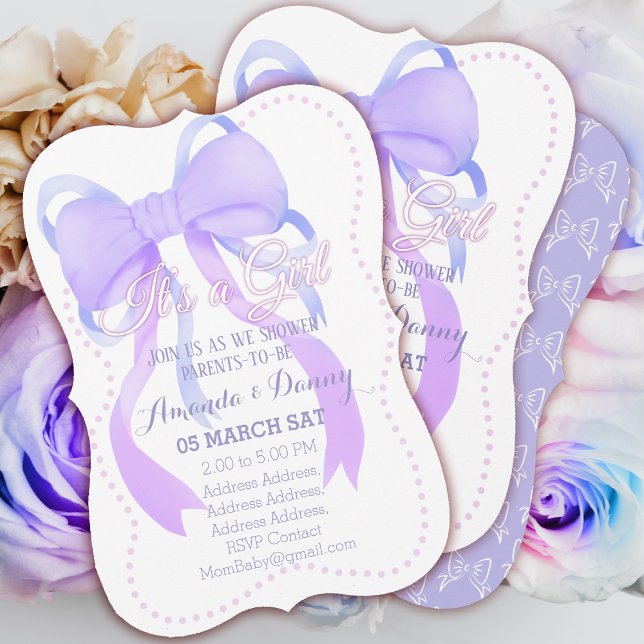 Lila band baby shower  julkort (Purple Ribbon Baby Shower Invitation Card.)