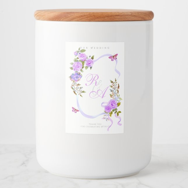 Lila band monogram bröllop  mat etikett (Framsida)