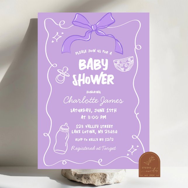 Lila band rolig illustrerad baby shower inbjudningar (Skapare uppladdad)