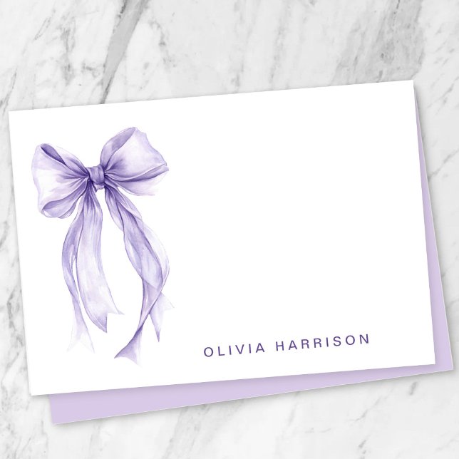 Lila band vattenfärg flickor monogram anteckningskort (Purple Bow Watercolor Girls Monogram Note Card)