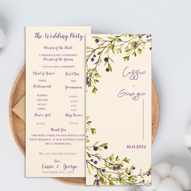 Lila Bär & Grönska Bröllopsprogramkort Inbjudningar (Purple Berry & Greenery Wedding Program Card)