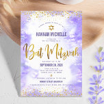 Lila Bat mitzvah guldfärgad vattenfärgsmodern Mode Inbjudningar<br><div class="desc">Var stolt, gladd och visa den här milstolpen av din favoritBat mitzvah! Skicka ut den här fantastiska, moderna inbjudan till personlig om en händelse att minnas. Sparkly faux guld-folie, glitter-prickar. David stjärna och typografi-skript täcker över en lätt lila vattenfärgsbakgrund. Anpassa anpassningsbarna med information om namn, datum och plats för Bat...</div>