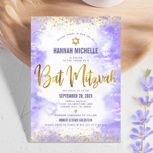 Lila Bat mitzvah guldfärgad vattenfärgsmodern Mode Inbjudningar