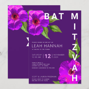 Lila Bat mitzvah Modern Rosa Blommigt Vattenfärg Inbjudningar
