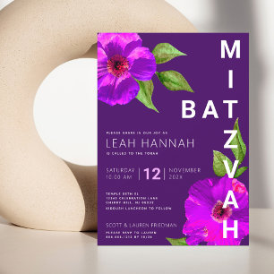 Lila Bat Mitzvah Rosa Blommig Akvarell Djärv Inbjudningar