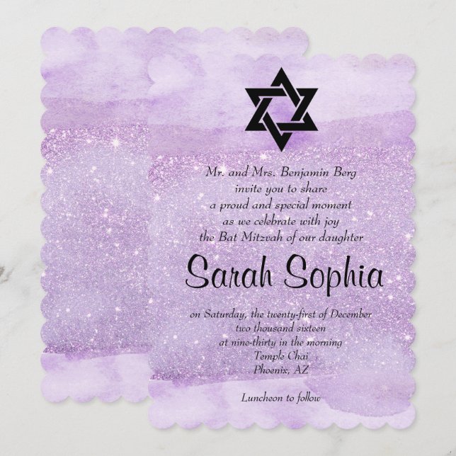 Lila Bat mitzvah, vattenfärg, violett, Glitter Inbjudningar (Fram/baksida)