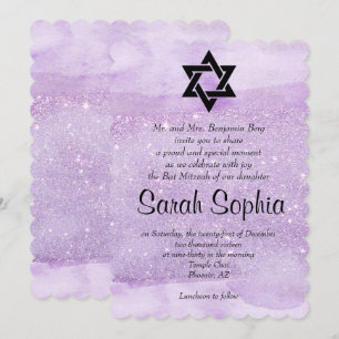 Lila Bat mitzvah, vattenfärg, violett, Glitter Inbjudningar