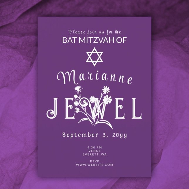 Lila Bat mitzvah Vild Flower Brev Inbjudningar (plum purple floral bat mitzvah party invitations botanical wild flowers spring summer springtime)