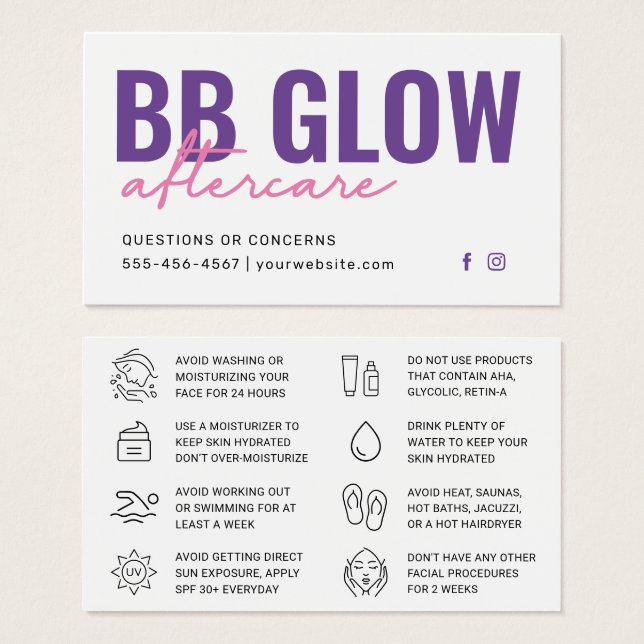 Lila BB Glow After Care Instruction Card Visitkort (Framsida & baksida)