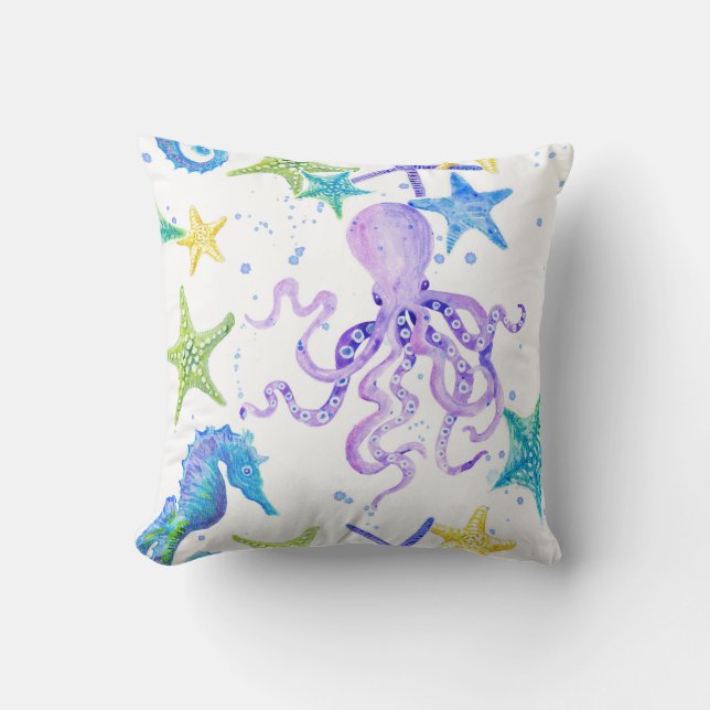 Lila Beach Coastal Octopus Seahorse Starfish Art Kudde (Framsida)