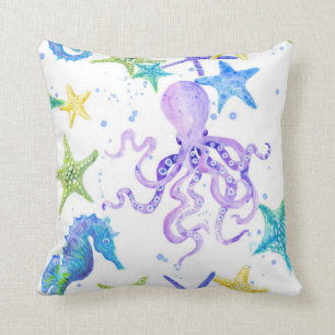 Lila Beach Coastal Octopus Seahorse Starfish Art Kudde