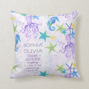 Lila Beach Octopus Seahorse Boy GirlBirth Stat Kudde