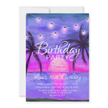 Lila Beach Sunset Birthday Inbjudningar