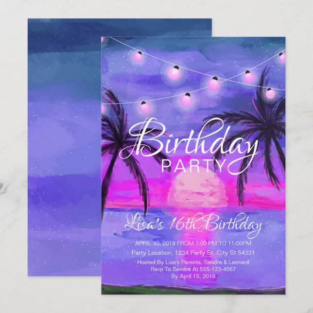 Lila Beach Sunset Birthday Inbjudningar (Fram/baksida)