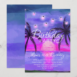 Lila Beach Sunset Birthday Inbjudningar