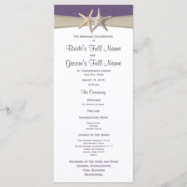 Lila Beach Wedding Program för skarpsill (Framsida)