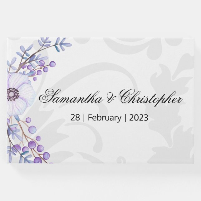 Lila Berries och Grått Damask Wedding Gästböcker (Framsida)